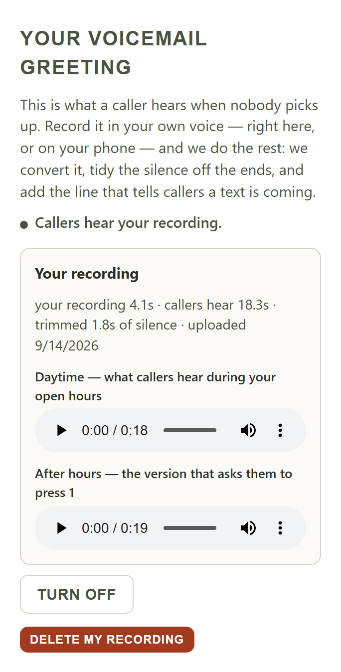 The voicemail greeting screen: a recording the business made in its own voice, with a daytime and an after-hours version to play, and buttons to turn it off or delete it.