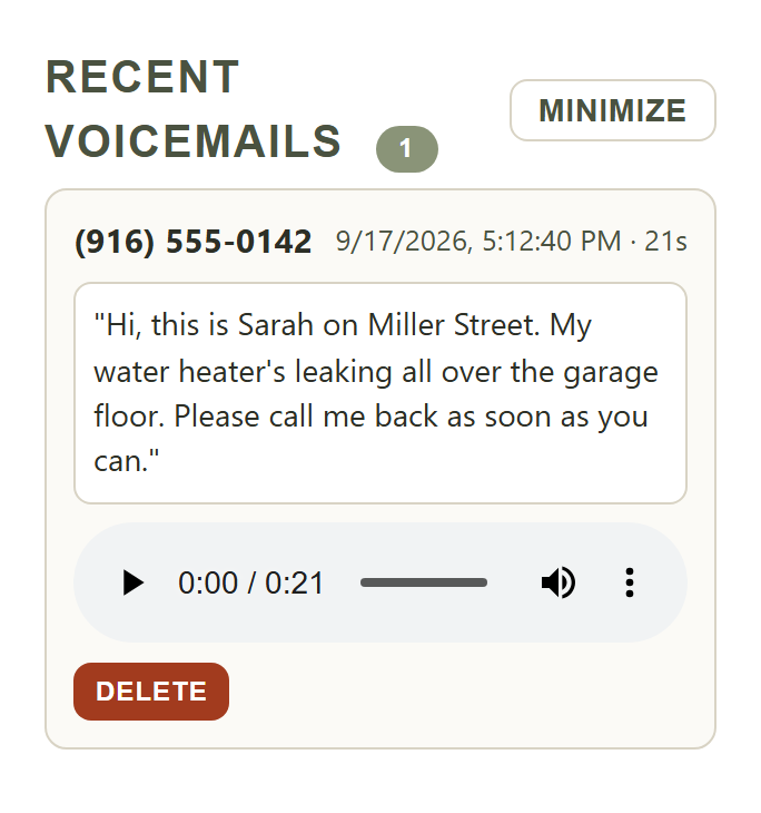 A voicemail in the control panel, with the caller's number, a written transcript and a play button.