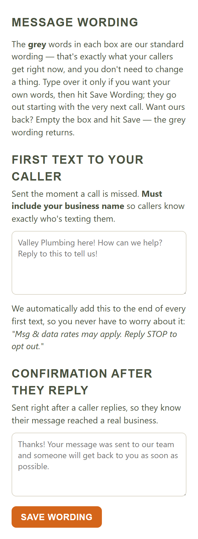 The message wording screen, where the automatic text and the confirmation text can be rewritten and saved.